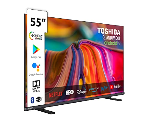 Toshiba QLED 55QA4163DG Televisor Android Smart TV de 55 Pulgadas, Pantalla Quantum Dot, 4K Ultra HD, Google Chromecast Integrado, Control por Voz Mediante Google Assistant, conexión WiFi y Bluetooth
