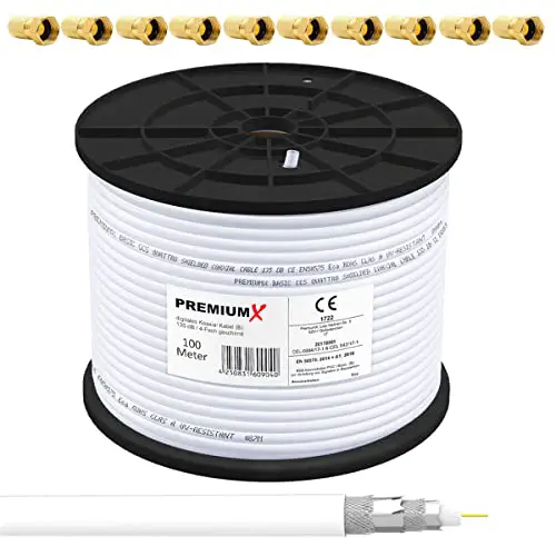 PremiumX - 100m Cable coaxial Sat Cable de Antena Cable coaxial 130dB, 4 Veces blindado para Sistemas DVB-S / S2 DVB-C y DVB-T BK + 10 Conectores F chapados en Oro Set Gratis