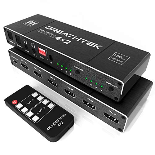 Conmutador de HDMI Matriz 4K@60Hz, HDMI Matrix Switch 4x2 SPDIF 5.1CH & Salida óptica & L/R 3.5 mm, Extractor de Audio EDID con Control Remoto IR, HDMI 2.0 & HDCP 2.2