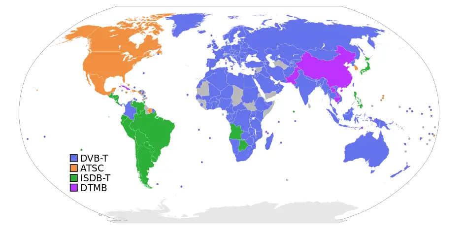 Áreas del mundo por estándar de difusión digital de vídeo terrestre