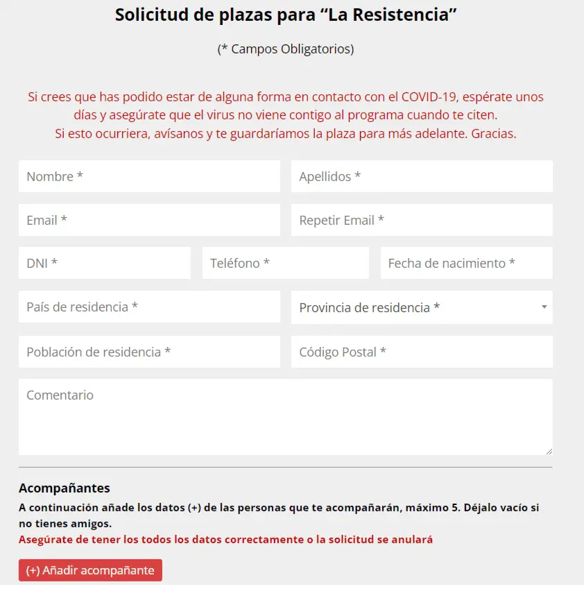 Formulario para reservar plazas en La Resistencia