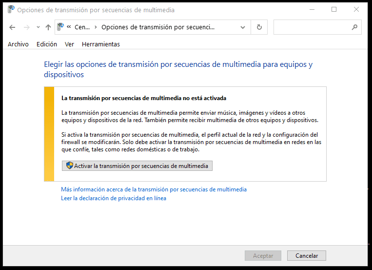 Opciones de transmisión de medios en Windows 10