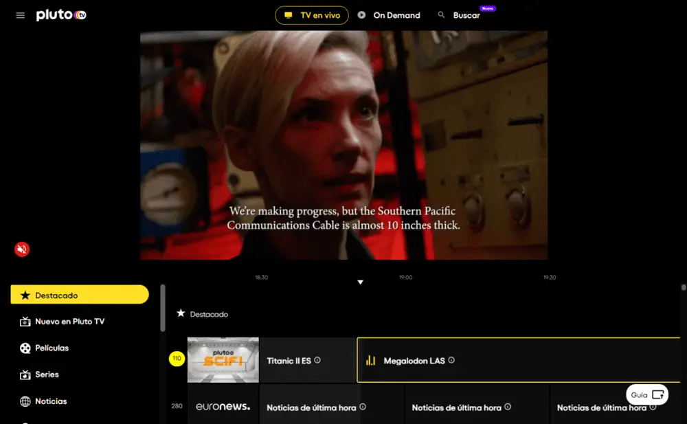 Interfaz de la plataforma de streaming gratis Pluto TV